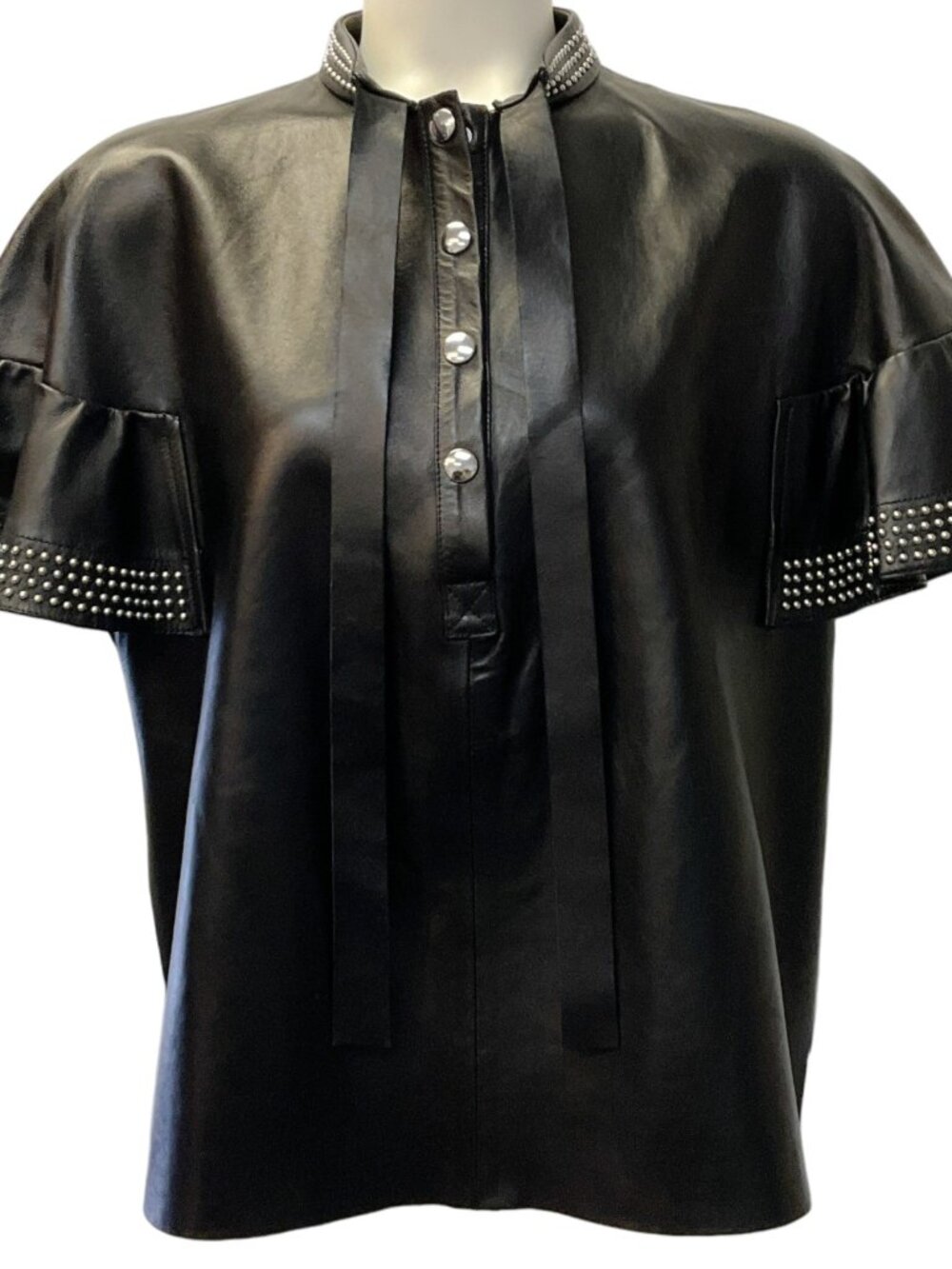 RED Valentino Black Leather Short Sleeve Top with Silver Studs